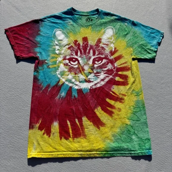 Cat Face Tie Dye T-Shirt Mens Medium Colorful Psychedelic Graphic Tee - Picture 1 of 6